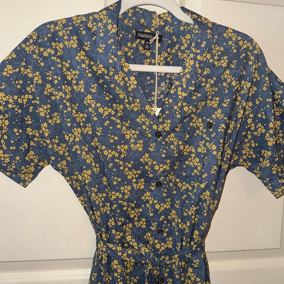 NWT Toad&Co Blue grey and Yellow Floral button front tie waist Mini Dress M - Picture 2 of 10